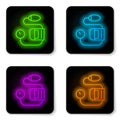 Glowing neon line Blood pressure icon isolated on white background. Black square button. Vector