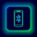 Glowing neon line Bluetooth speakers icon isolated on black background. Bluetooth stereo speaker. Colorful outline