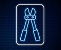 Glowing neon line Bolt cutter icon isolated on brick wall background. Scissors for reinforcement bars tool. Vector