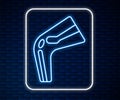 Glowing neon line Bone pain icon isolated on brick wall background. Orthopedic medical. Disease of the joints and bones