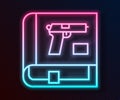 Glowing neon line Book with pistol or gun icon isolated on black background. Police or military handgun. Small firearm