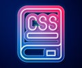 Glowing neon line Books about programming icon isolated on blue background. Programming language concept. PHP, CSS, XML Royalty Free Stock Photo
