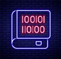 Glowing neon line Books about programming icon isolated on brick wall background. Programming language concept. PHP, CSS Royalty Free Stock Photo