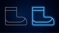 Glowing neon line Boots icon isolated on brick wall background. Diving underwater equipment. Vector