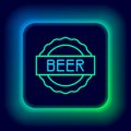 Glowing neon line Bottle cap with inscription beer icon isolated on black background. Colorful outline concept. Vector Royalty Free Stock Photo