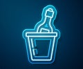 Glowing neon line Bottle of champagne in an ice bucket icon isolated on blue background. Vector Royalty Free Stock Photo