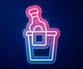 Glowing neon line Bottle of champagne in an ice bucket icon isolated on blue background. Vector Royalty Free Stock Photo