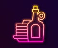 Glowing neon line Bottle of maple syrup with stack of pancakes icon isolated on black background. Vector