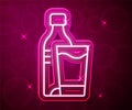 Glowing neon line Bottle of water with glass icon isolated on red background. Soda aqua drink sign. Vector Royalty Free Stock Photo