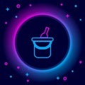 Glowing neon line Bottle of wine in an ice bucket icon isolated on black background. Colorful outline concept. Vector Royalty Free Stock Photo