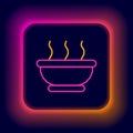 Glowing neon line Bowl of hot soup icon isolated on black background. Colorful outline concept. Vector