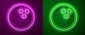 Glowing neon line Bowling ball icon isolated on purple and green background. Sport equipment. Vector Illustration Royalty Free Stock Photo