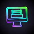 Glowing neon line Boxing ring show at television screen monitor icon isolated on black background. Vector