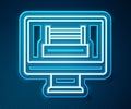 Glowing neon line Boxing ring show at television screen monitor icon isolated on blue background. Vector