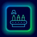 Glowing neon line Brewery factory production line pouring alcoholic drink in glass bottles icon isolated on black Royalty Free Stock Photo