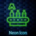 Glowing neon line Brewery factory production line pouring alcoholic drink in glass bottles icon isolated on brick wall Royalty Free Stock Photo