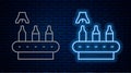 Glowing neon line Brewery factory production line pouring alcoholic drink in glass bottles icon isolated on brick wall Royalty Free Stock Photo