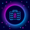 Glowing neon line Briefcase and money icon isolated on black background. Business case sign. Business portfolio