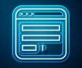 Glowing neon line Browser window icon isolated on blue background. Vector Royalty Free Stock Photo