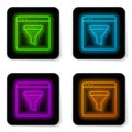 Glowing neon line Browser window icon isolated on white background. Black square button. Vector