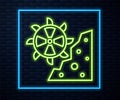 Glowing neon line Bucket wheel excavator icon isolated on brick wall background. Vector