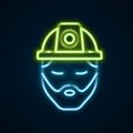 Glowing neon line Builder icon isolated on black background. Construction worker. Colorful outline concept. Vector