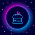 Glowing neon line Burger icon isolated on black background. Hamburger icon. Cheeseburger sandwich sign. Fast food menu