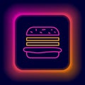 Glowing neon line Burger icon isolated on black background. Hamburger icon. Cheeseburger sandwich sign. Fast food menu