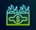 Glowing neon line Burning dollar bill icon isolated on black background. Dollar bill on fire. Burning of savings. Vector Royalty Free Stock Photo