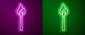 Glowing neon line Burning match with fire icon isolated on purple and green background. Match with fire. Matches sign Royalty Free Stock Photo