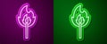 Glowing neon line Burning match with fire icon isolated on purple and green background. Match with fire. Matches sign Royalty Free Stock Photo