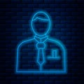 Glowing neon line Businessman or stock market trader icon isolated on brick wall background. Vector Illustration