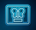 Glowing neon line Butterfly in a frame icon isolated on blue background. Herbarium. Vector Royalty Free Stock Photo