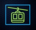 Glowing neon line Cable car icon isolated on brick wall background. Funicular sign. Vector Royalty Free Stock Photo