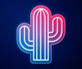 Glowing neon line Cactus icon isolated on blue background. Vector