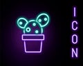 Glowing neon line Cactus and succulent in pot icon isolated on black background. Plant growing in a pot. Potted plant