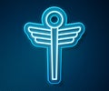 Glowing neon line Caduceus snake medical symbol icon isolated on blue background. Medicine and health care. Emblem for Royalty Free Stock Photo