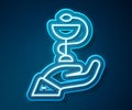 Glowing neon line Caduceus snake medical symbol icon isolated on blue background. Medicine and health care. Emblem for Royalty Free Stock Photo