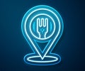 Glowing neon line Cafe and restaurant location icon isolated on blue background. Fork and spoon eatery sign inside Royalty Free Stock Photo