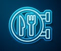 Glowing neon line Cafe and restaurant location icon isolated on blue background. Fork and spoon eatery sign inside Royalty Free Stock Photo