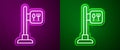 Glowing neon line Cafe and restaurant location icon isolated on purple and green background. Fork and spoon eatery sign Royalty Free Stock Photo