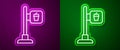 Glowing neon line Cafe and restaurant location icon isolated on purple and green background. Fork and spoon eatery sign Royalty Free Stock Photo