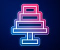 Glowing neon line Cake icon isolated on blue background. Happy Birthday. Vector