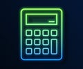 Glowing neon line Calculator icon isolated on blue background. Accounting symbol. Business calculations mathematics