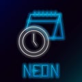 Glowing neon line Calendar and clock icon isolated on black background. Schedule, appointment, organizer, timesheet Royalty Free Stock Photo