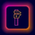 Glowing neon line Calliper or caliper and scale icon isolated on black background. Precision measuring tools. Colorful