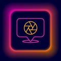 Glowing neon line Camera shutter icon isolated on black background. Colorful outline concept. Vector