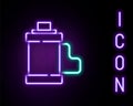 Glowing neon line Camera vintage film roll cartridge icon isolated on black background. 35mm film canister. Filmstrip