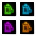 Glowing neon line Camera vintage film roll cartridge icon isolated on white background. 35mm film canister. Filmstrip