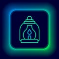 Glowing neon line Camping lantern icon isolated on black background. Colorful outline concept. Vector Royalty Free Stock Photo